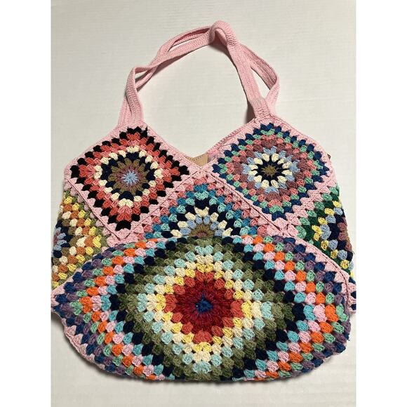 Womens Street Level Boho Crocheted Lined Handbag Granny Square Tote Multi NWT - Picture 4 of 14